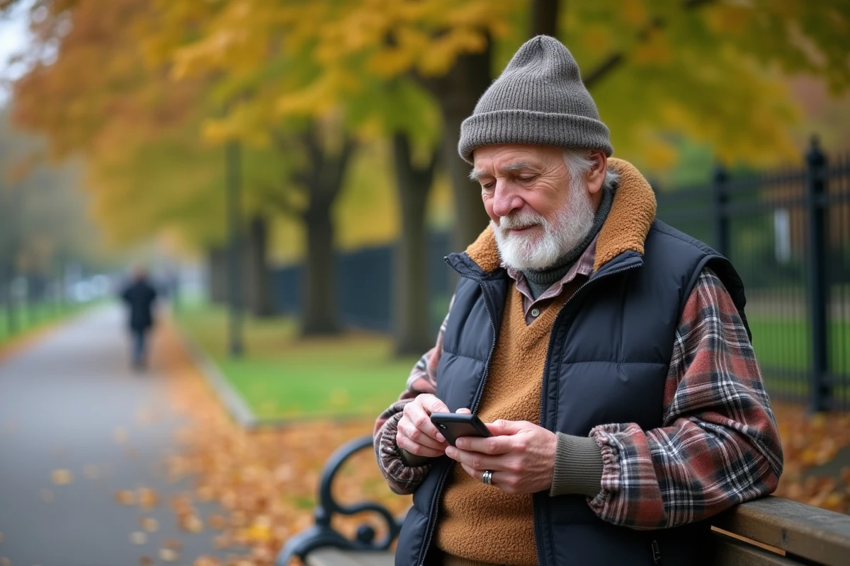 Homme âgé dehors au parc utilisant un téléphone avec gros boutons