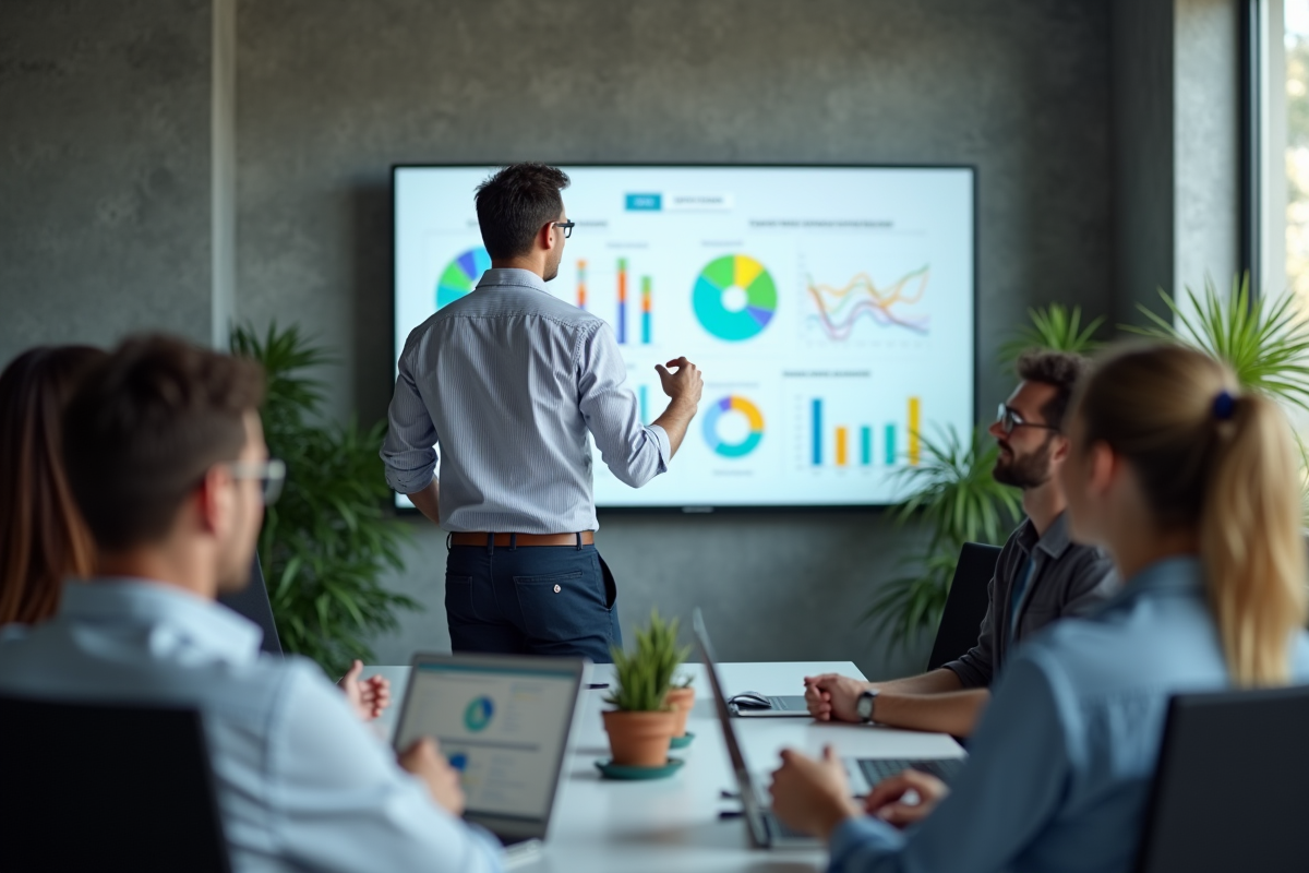 Homme présentant des tableaux KPI sur un grand écran en réunion