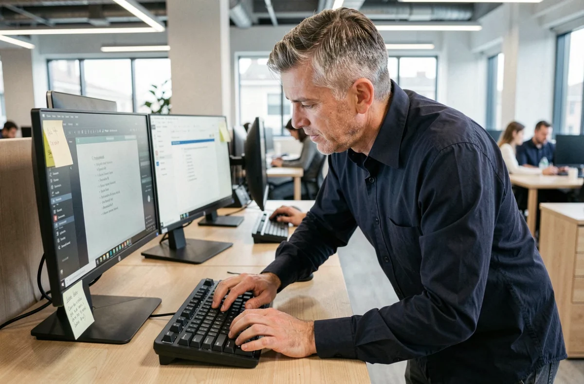 Homme utilisant un raccourci clavier pour insérer le C majuscule avec cédille sur PC au bureau