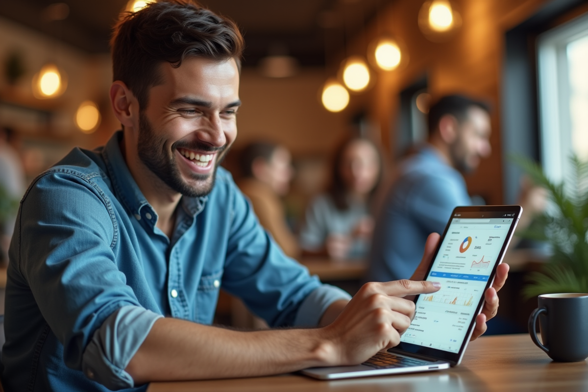 Homme en réunion en ligne dans un café convivial