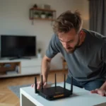Homme examinant un routeur Freebox avec des voyants LED orange clignotants dans un salon moderne