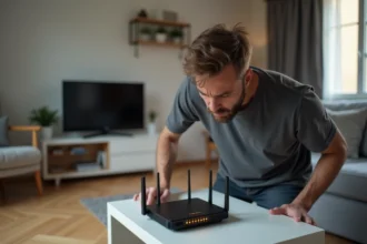 Homme examinant un routeur Freebox avec des voyants LED orange clignotants dans un salon moderne