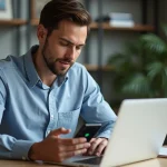 Homme en bureau organisant un message WhatsApp sur son smartphone