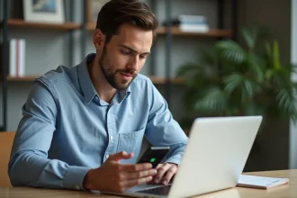 Homme en bureau organisant un message WhatsApp sur son smartphone