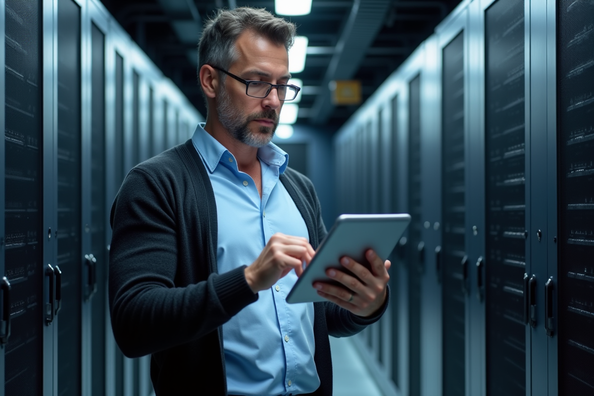 Homme vérifiant un diagramme de réseau dans une salle de serveurs