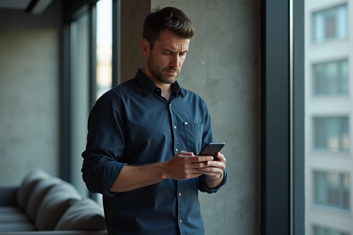 Homme inquiet consultant sur smartphone un site proposant d'accéder à un compte Instagram privé
