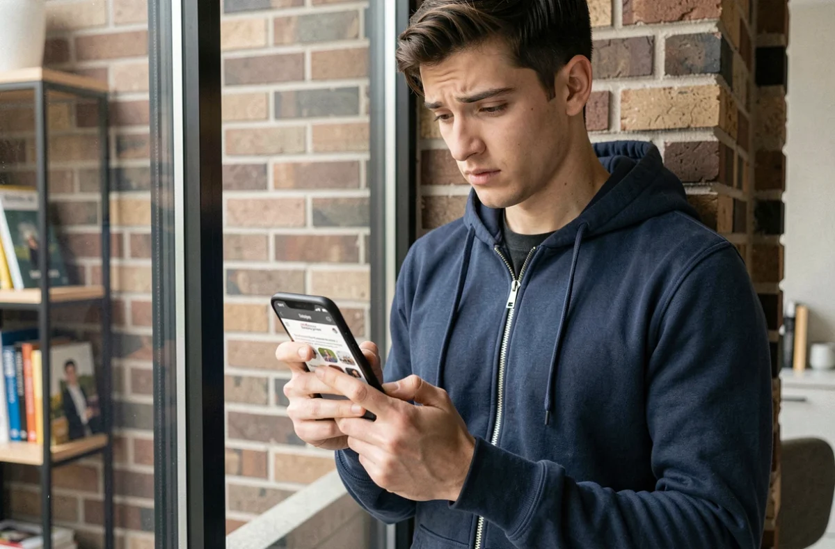 Jeune homme consultant des stories Instagram via un site tiers sur son smartphone sans ouvrir l'application