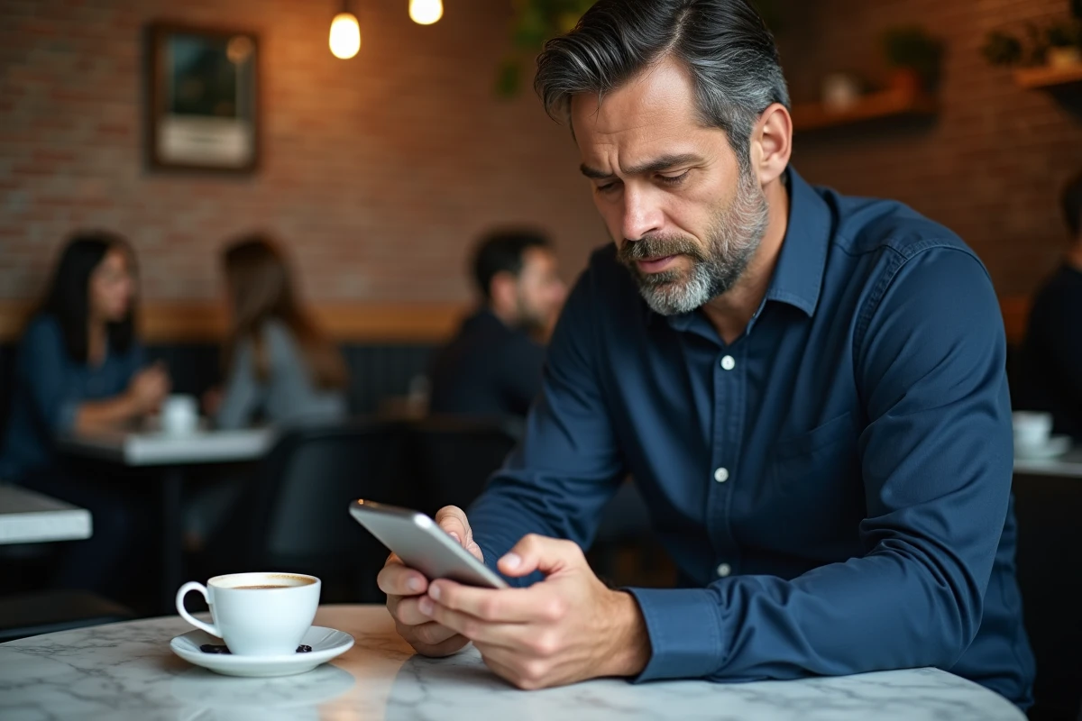 Homme vérifiant les paramètres de confidentialité et l'historique Google sur son smartphone dans un café