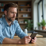 Homme en casual utilisant son smartphone dans un intérieur moderne
