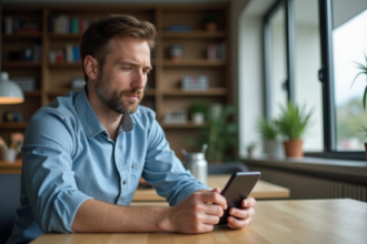 Homme en casual utilisant son smartphone dans un intérieur moderne