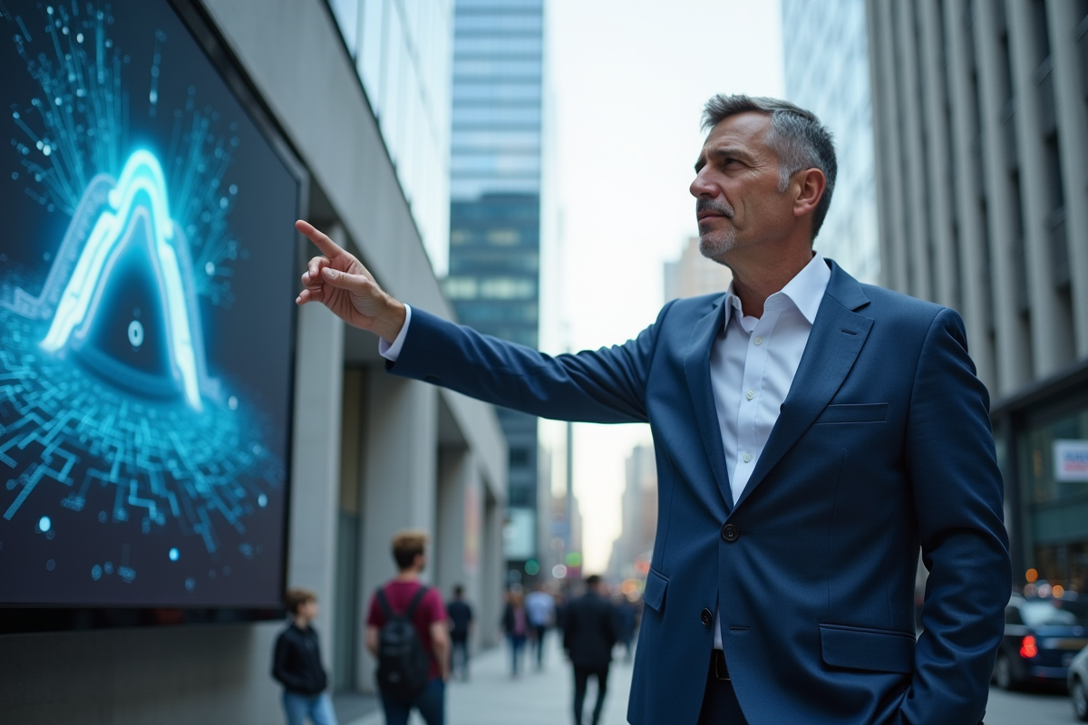 Homme en costume pointant un billboard dans la ville