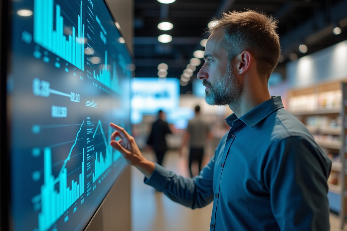 Homme observant un tableau digital interactif en magasin animé