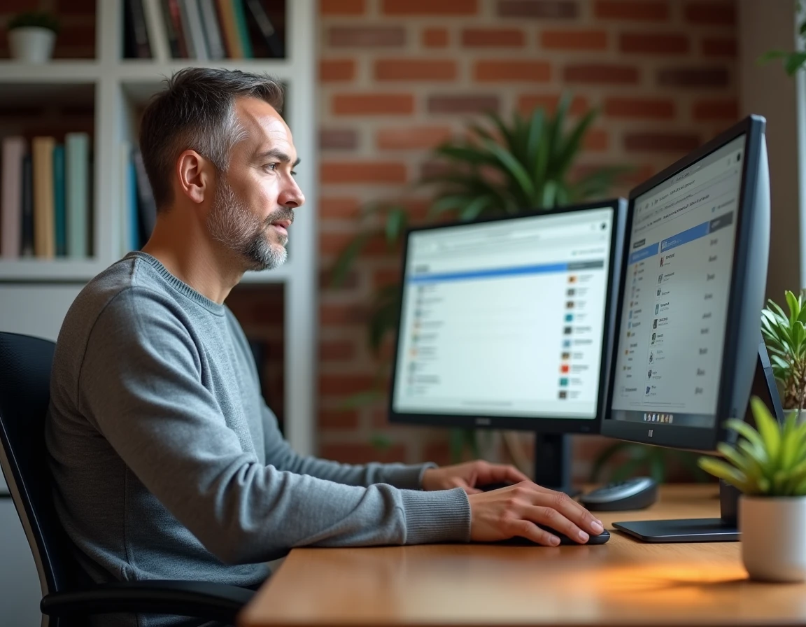 Homme utilisant l'interface Zimbra sur double écran dans un bureau à domicile bien organisé