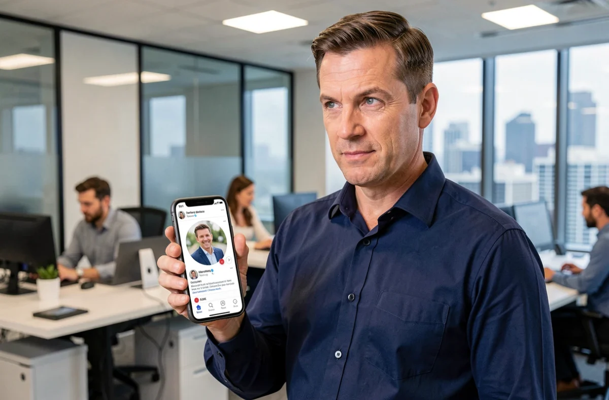Homme consultant un profil de réseau professionnel sur smartphone pour identifier une personne via sa photo