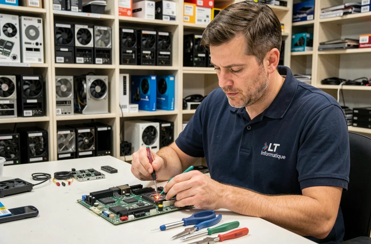 Technicien ILT Informatique réparant une carte mère dans un atelier professionnel parisien