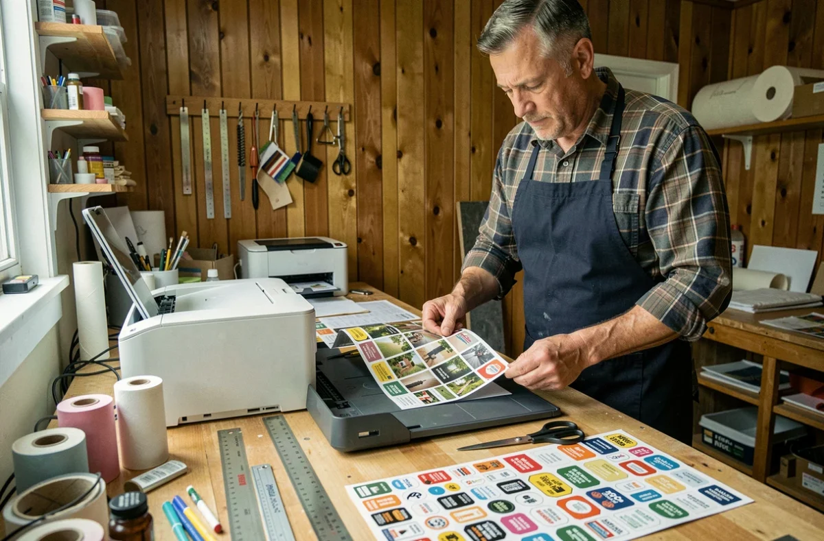 Homme décollant des stickers imprimés en miroir depuis une imprimante dans un atelier de création artisanale