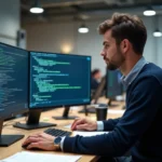 Ingénieur logiciel comparant les algorithmes SHA-256 et SHA-3 sur un écran de terminal dans un bureau moderne