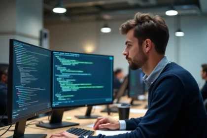 Ingénieur logiciel comparant les algorithmes SHA-256 et SHA-3 sur un écran de terminal dans un bureau moderne