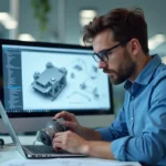 Ingénieur homme examine moteur pas à pas dans un bureau moderne
