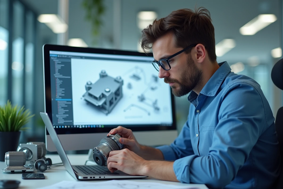 Ingénieur homme examine moteur pas à pas dans un bureau moderne