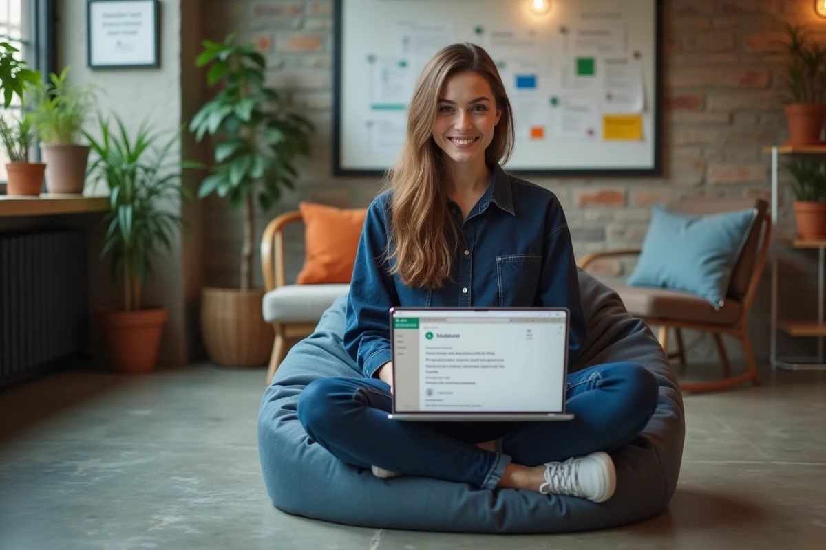 Ingénieure QA utilisant un service d'email temporaire pour tester des workflows d'inscription dans un espace de travail décontracté