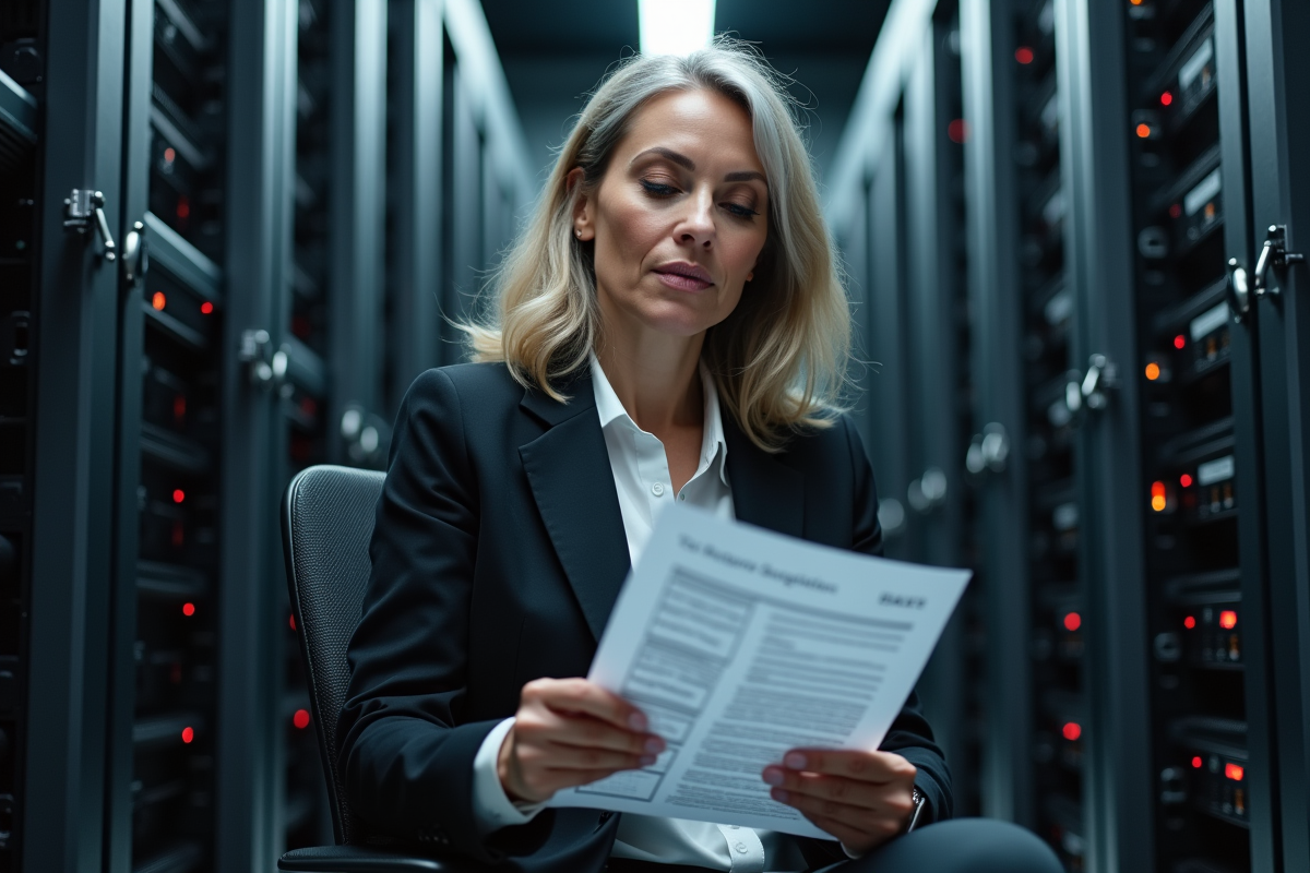 Femme ingénieure réseau dans salle serveurs avec câble