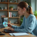 Femme installant Windows 7 sur un PC à la maison