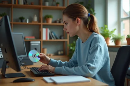 Femme installant Windows 7 sur un PC à la maison