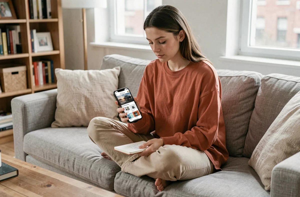 Jeune femme consultant un site de revente d'iPhone reconditionnés et prenant des notes pour optimiser son budget achat 2026