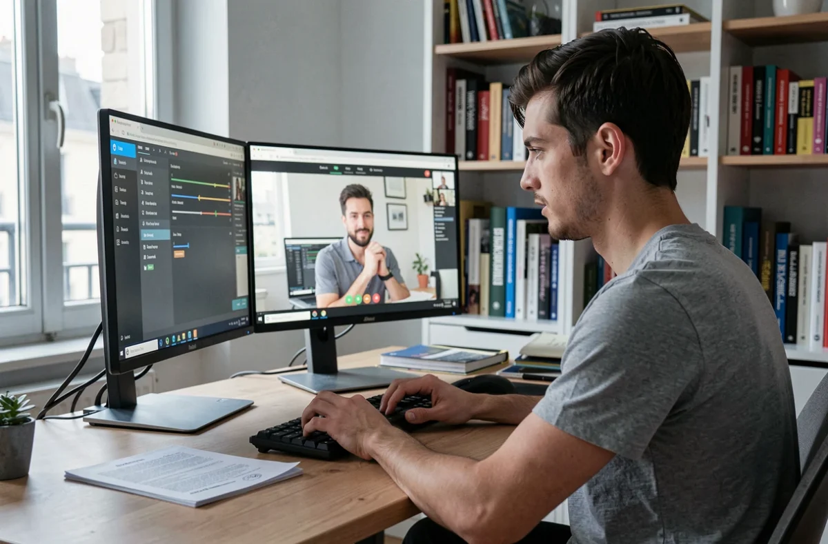 Technicien de Jaiunsouci.com assurant une assistance informatique à distance depuis un appartement parisien