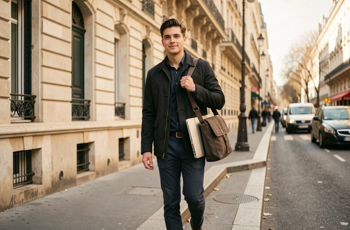 Jamel, technicien informatique freelance parisien, en déplacement dans les rues de Paris pour une intervention