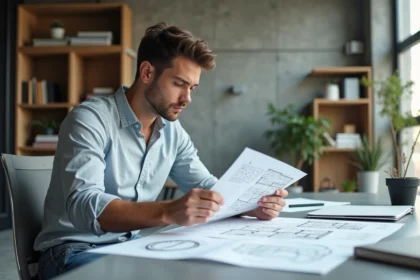 Jeune architecte étudiant des diagrammes architecturaux modernes