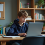 Adolescent étudiant utilisant un ordinateur dans un coin étude cosy