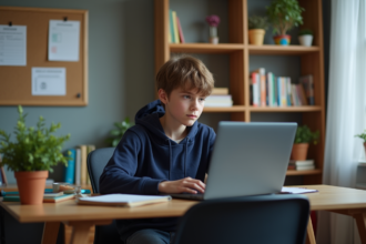 Adolescent étudiant utilisant un ordinateur dans un coin étude cosy