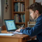Jeune garçon concentré sur son ordinateur dans sa chambre