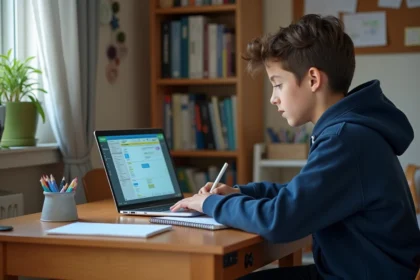 Jeune garçon concentré sur son ordinateur dans sa chambre