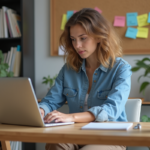 Jeune femme au bureau à domicile travaillant sur son ordinateur