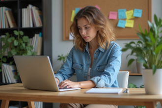 Jeune femme au bureau à domicile travaillant sur son ordinateur