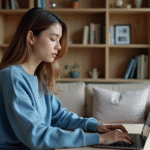 Jeune femme concentrée sur son ordinateur dans un salon moderne