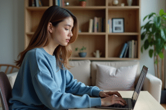 Jeune femme concentrée sur son ordinateur dans un salon moderne