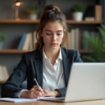 Jeune femme concentrée travaillant à son bureau moderne