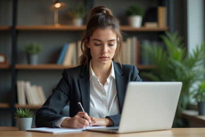 Jeune femme concentrée travaillant à son bureau moderne