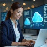 Jeune femme professionnelle travaillant sur un ordinateur dans un bureau moderne