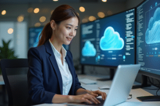 Jeune femme professionnelle travaillant sur un ordinateur dans un bureau moderne