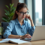 Jeune femme au bureau avec ordinateur et notes manuscrites