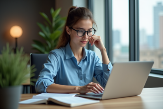 Jeune femme au bureau avec ordinateur et notes manuscrites