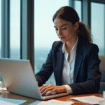 Femme professionnelle au bureau avec ordinateur et cityscape