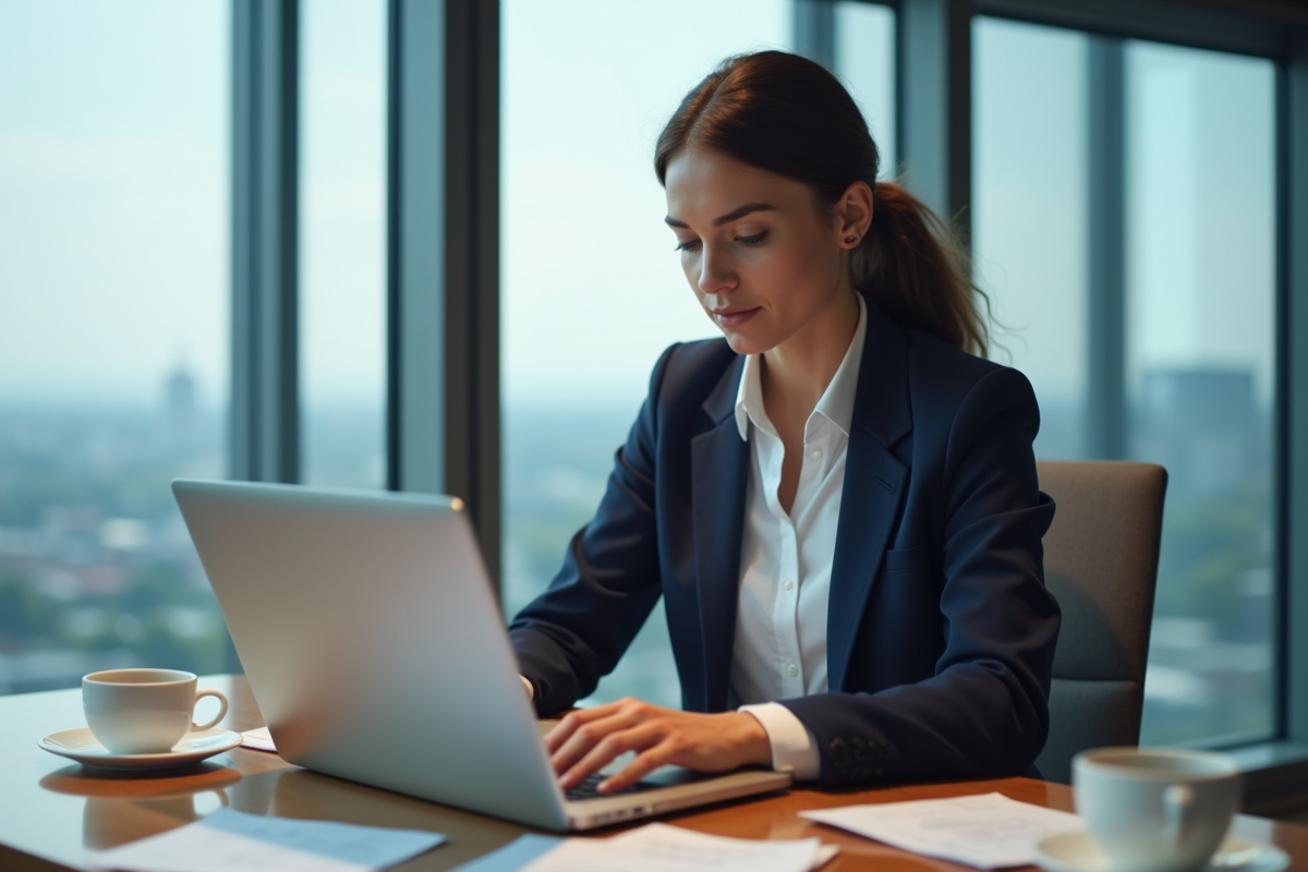 Femme professionnelle au bureau avec ordinateur et cityscape