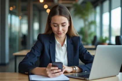 Jeune femme professionnelle utilisant son smartphone au bureau