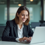 Jeune femme professionnelle souriante au bureau moderne